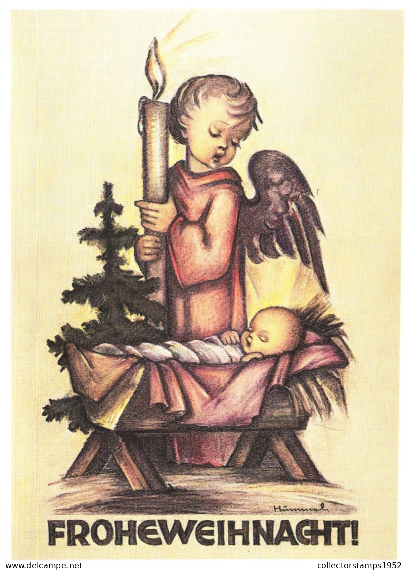 ILLUSTRATION, HUMMEL, NR. 62.1436, ANGELIC CARE, CHILDREN, ANGEL, BABY, CANDLE, CHRISTMAS, SIGNED, POSTCARD - Hummel