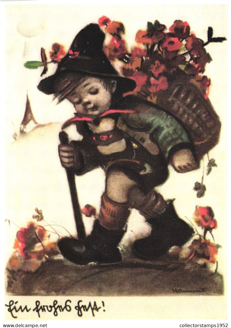 ILLUSTRATION, HUMMEL, NR. 62.1208, THE FLOWER VENDOR, CHILD, BOY WITH HAT, SIGNED, POSTCARD - Hummel