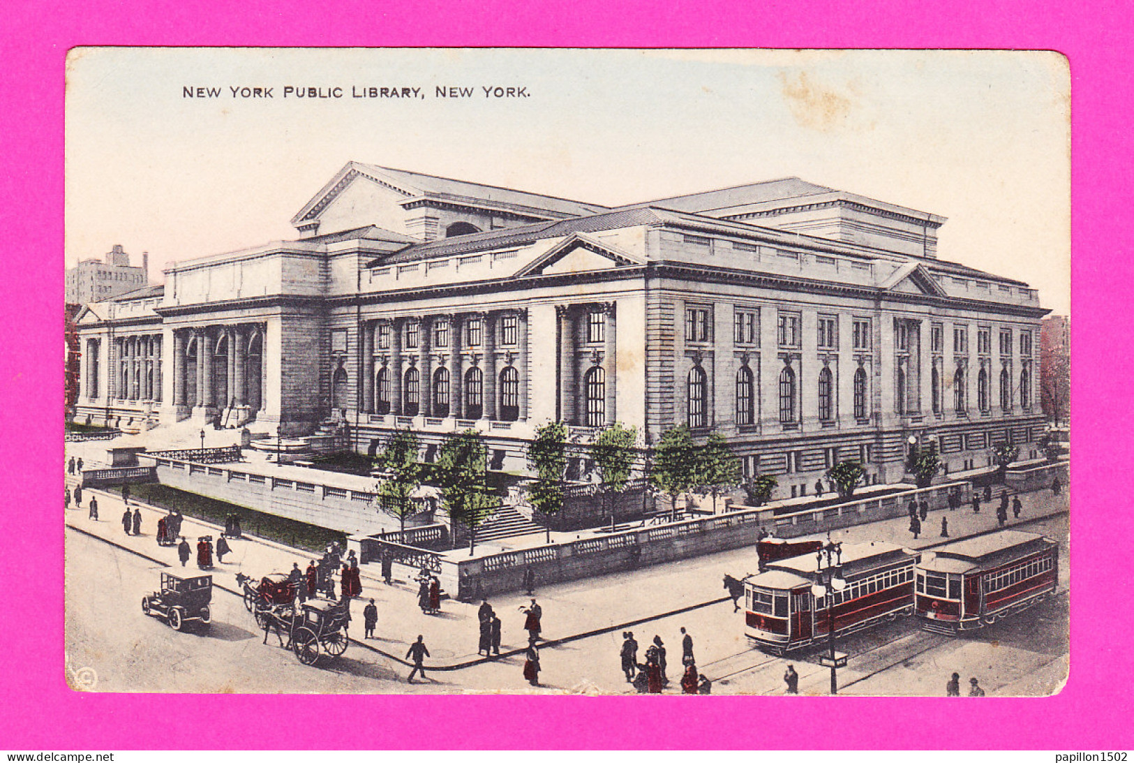 E-Etats Unis-38P4   Public Library, NEW YORK, Animation, Attelage, Très Vieille Voiture, Tramways, Cpa - Autres Monuments, édifices