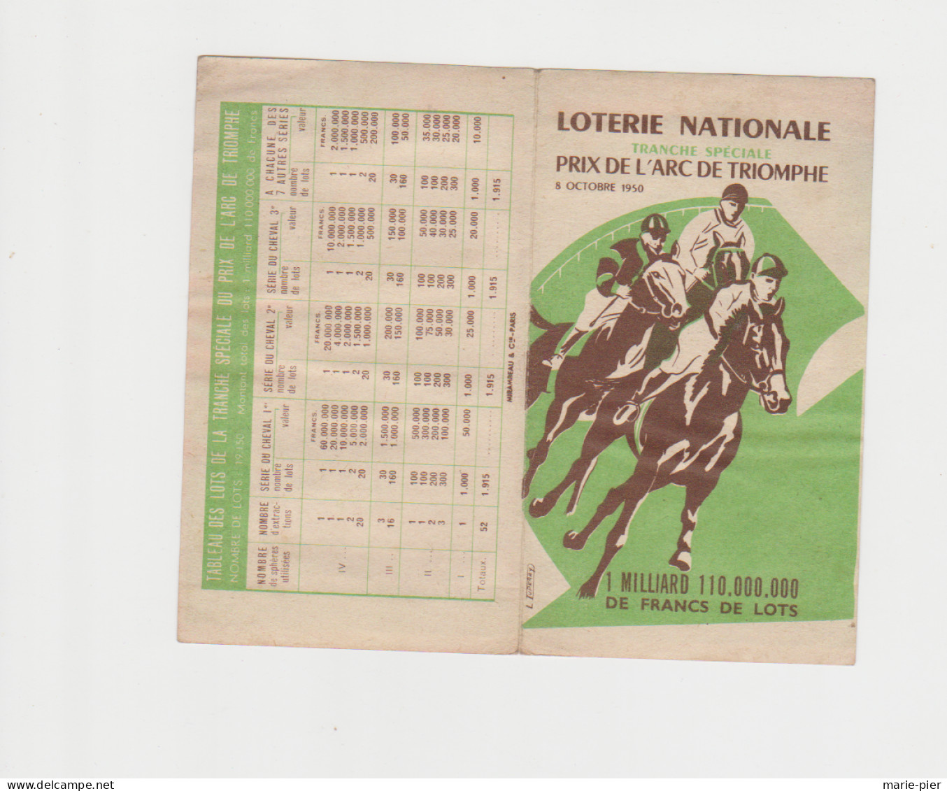 Loterie Nationale Prix De L'arc De Triomphe- 8 Oct 1950 - Billetes De Lotería