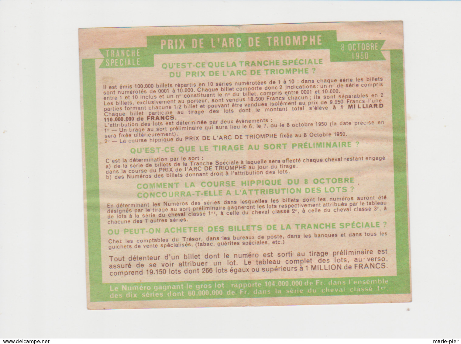 Loterie Nationale Prix De L'arc De Triomphe- 8 Oct 1950 - Billetes De Lotería