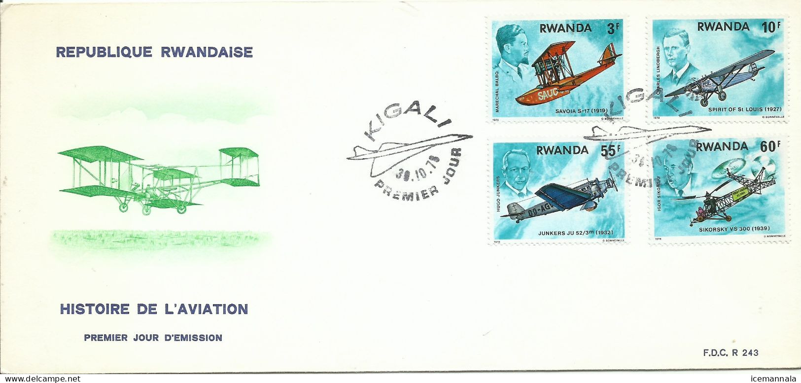 RWANDA,  SOBRE CONMEMORATIVO  HISTORIA DE LA AVIACION  , AÑO 1978 - Lettres & Documents