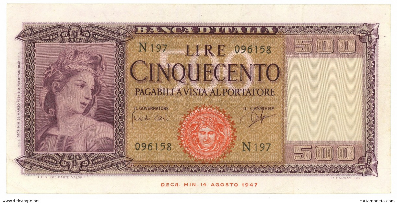 500 LIRE ITALIA ORNATA DI SPIGHE MEDUSA 23/03/1961 BB/SPL - Autres & Non Classés