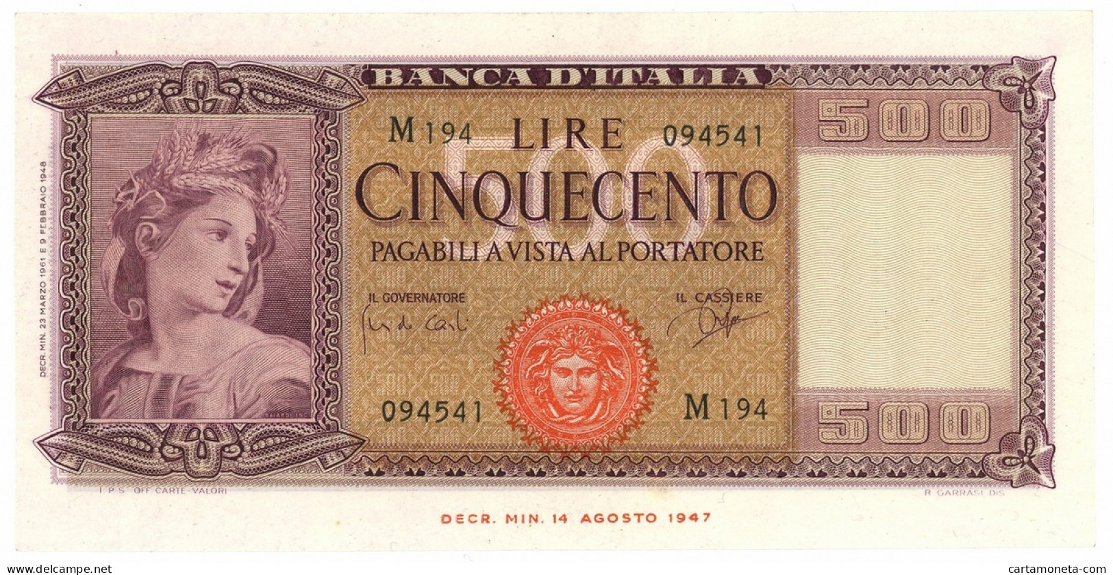 500 LIRE ITALIA ORNATA DI SPIGHE MEDUSA 23/03/1961 SPL/SPL+ - Sonstige & Ohne Zuordnung