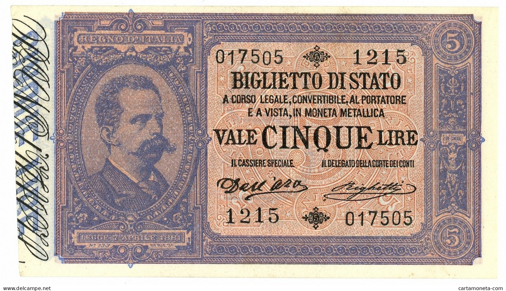 5 LIRE BIGLIETTO DI STATO EFFIGE UMBERTO I 25/10/1892 QFDS - Regno D'Italia - Altri