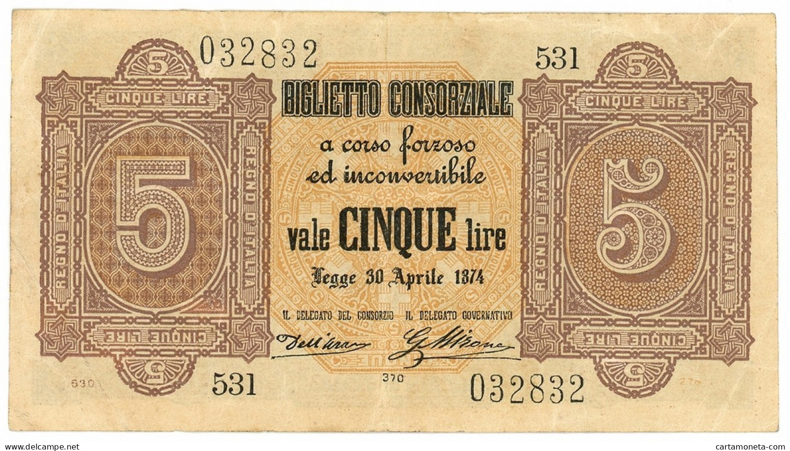 5 LIRE BIGLIETTO CONSORZIALE REGNO D'ITALIA 30/04/1874 BB/SPL - Biglietto Consorziale