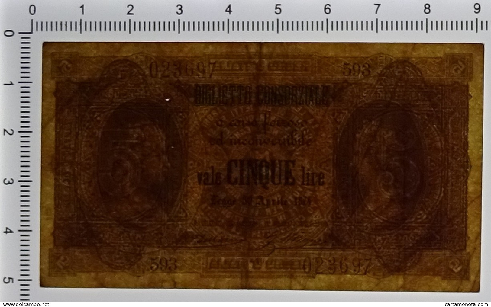 5 LIRE BIGLIETTO CONSORZIALE REGNO D'ITALIA 30/04/1874 BB+ - Biglietto Consorziale