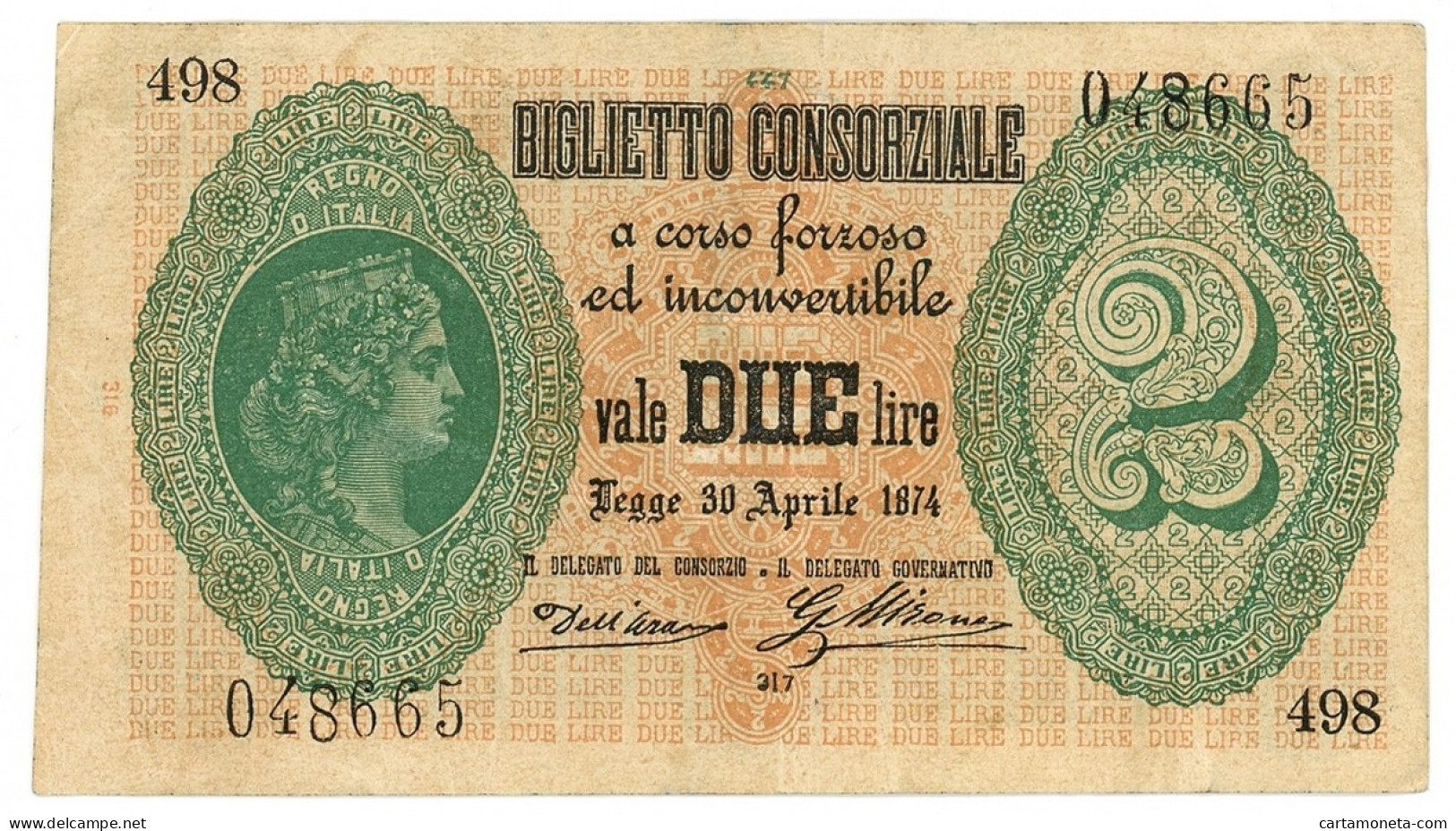 2 LIRE BIGLIETTO CONSORZIALE REGNO D'ITALIA 30/04/1874 BB/SPL - Biglietto Consorziale