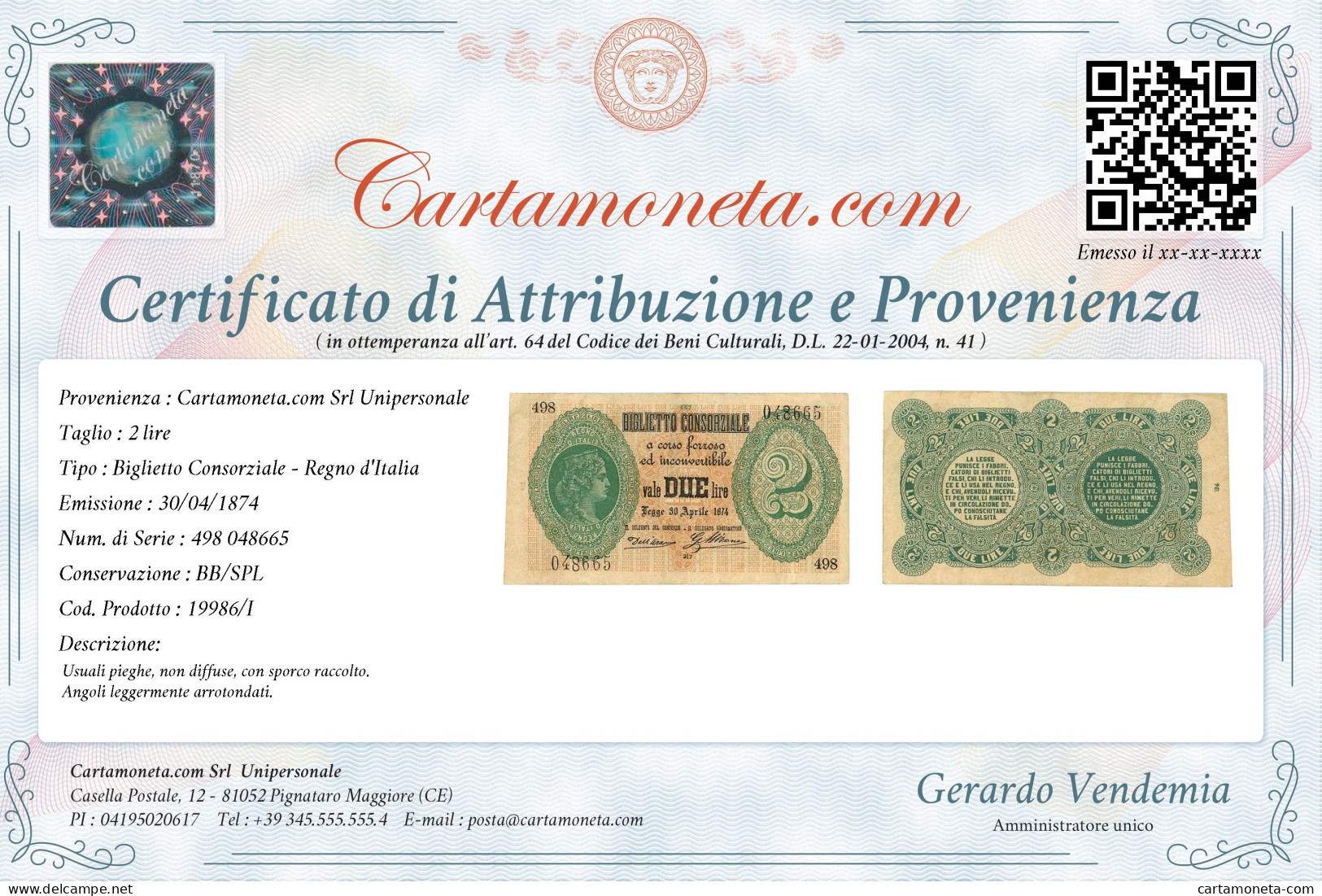 2 LIRE BIGLIETTO CONSORZIALE REGNO D'ITALIA 30/04/1874 BB/SPL - Biglietto Consorziale