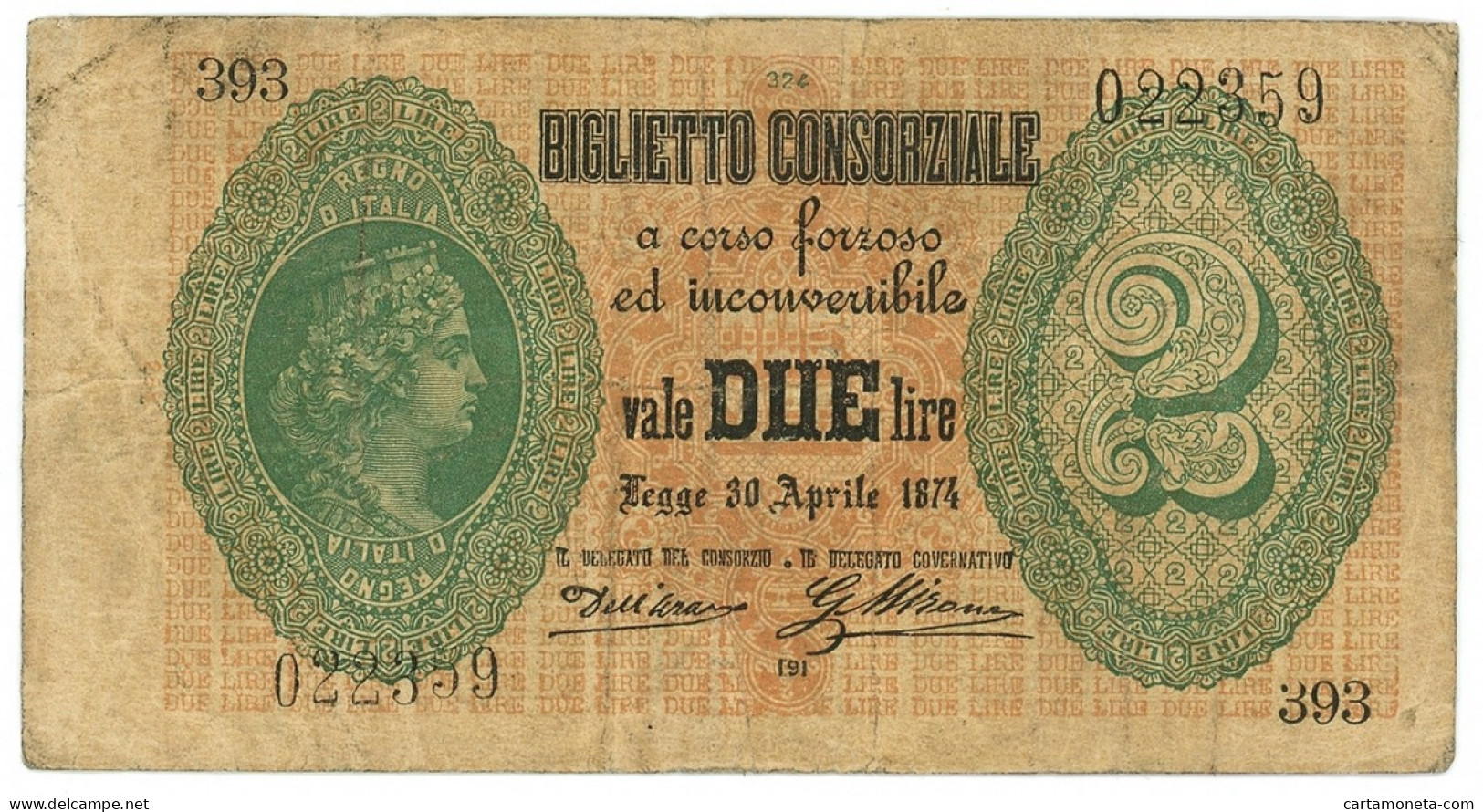 2 LIRE BIGLIETTO CONSORZIALE REGNO D'ITALIA 30/04/1874 BB - Biglietti Consorziale