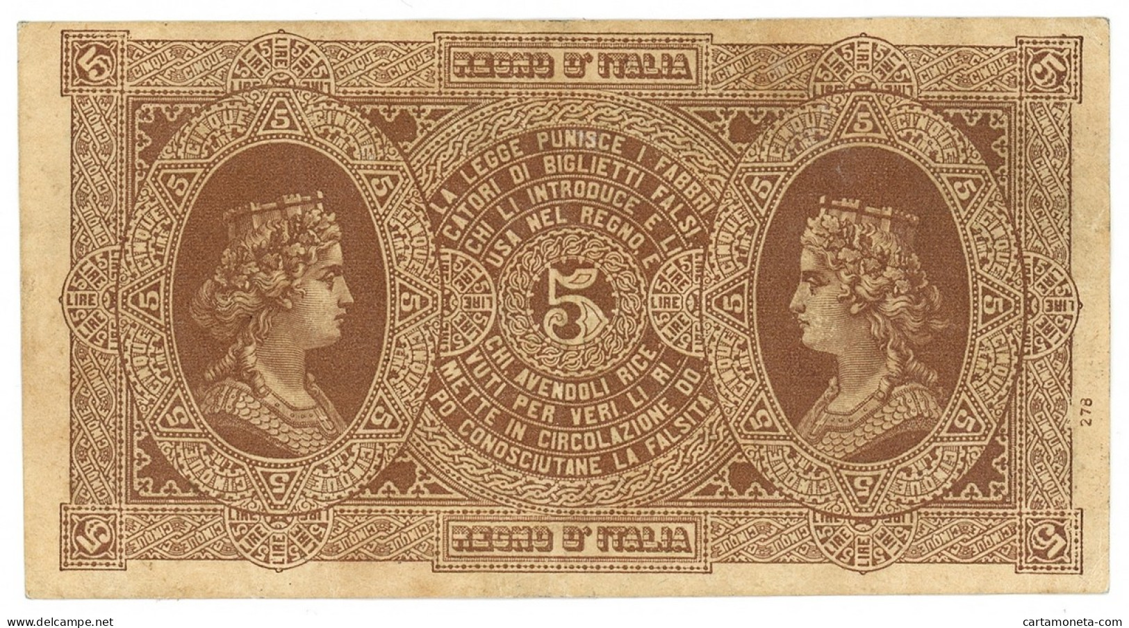 5 LIRE BIGLIETTO CONSORZIALE REGNO D'ITALIA 30/04/1874 BB+ - Biglietto Consorziale