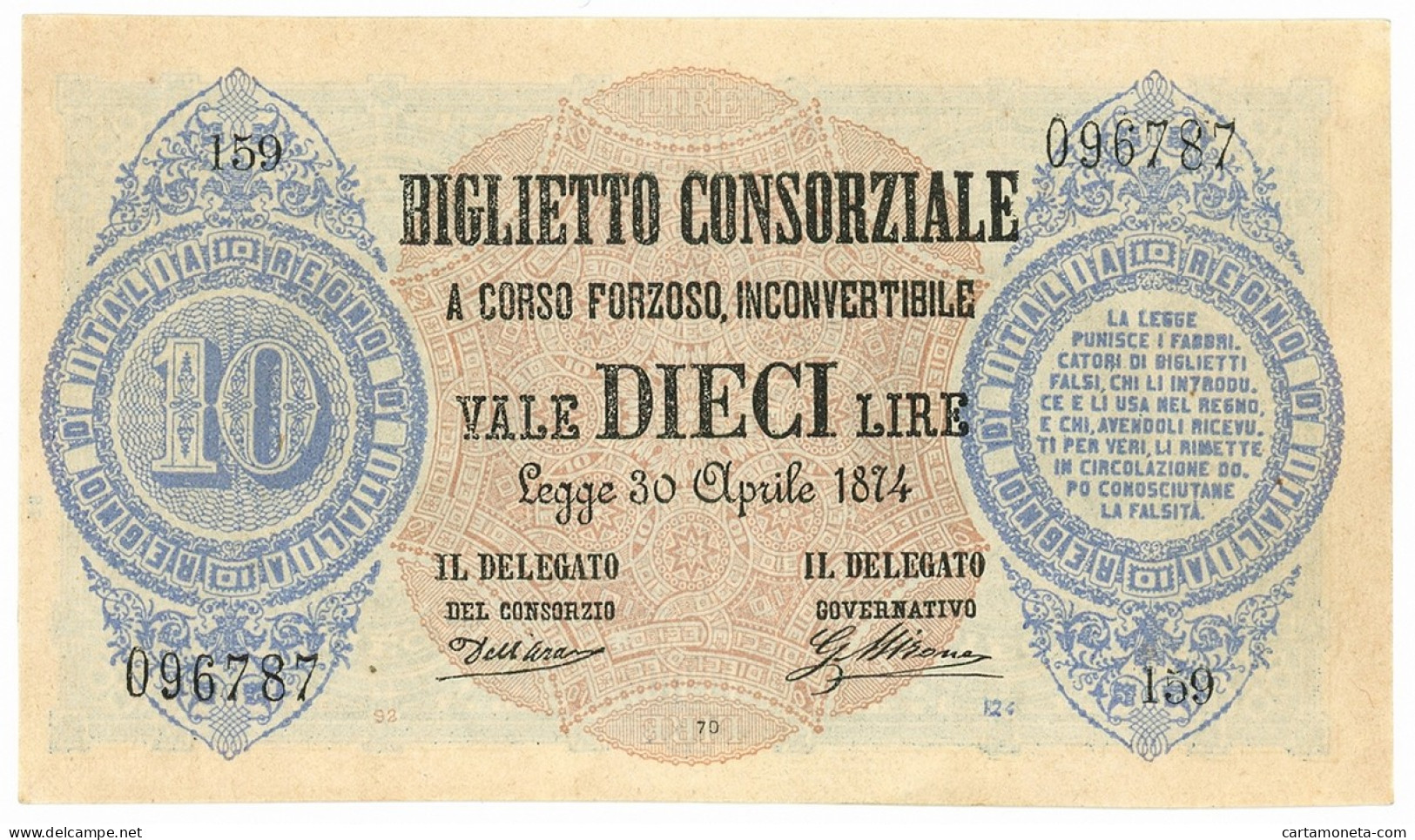 10 LIRE BIGLIETTO CONSORZIALE REGNO D'ITALIA 30/04/1874 QFDS - Biglietti Consorziale