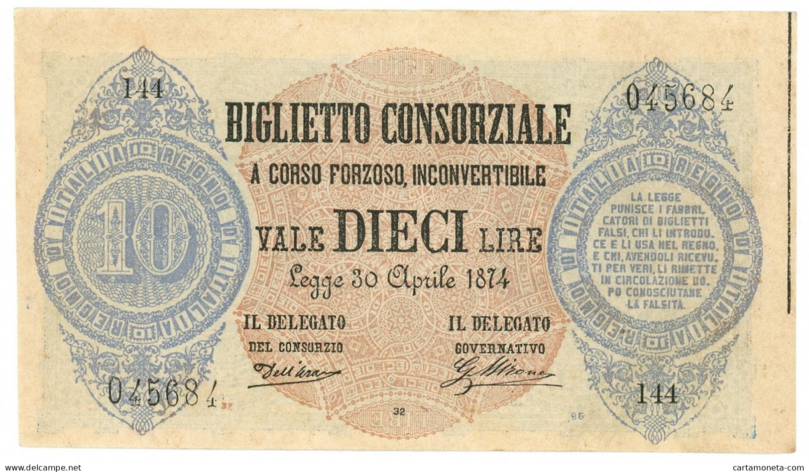 10 LIRE BIGLIETTO CONSORZIALE REGNO D'ITALIA 30/04/1874 SPL - Biglietti Consorziale