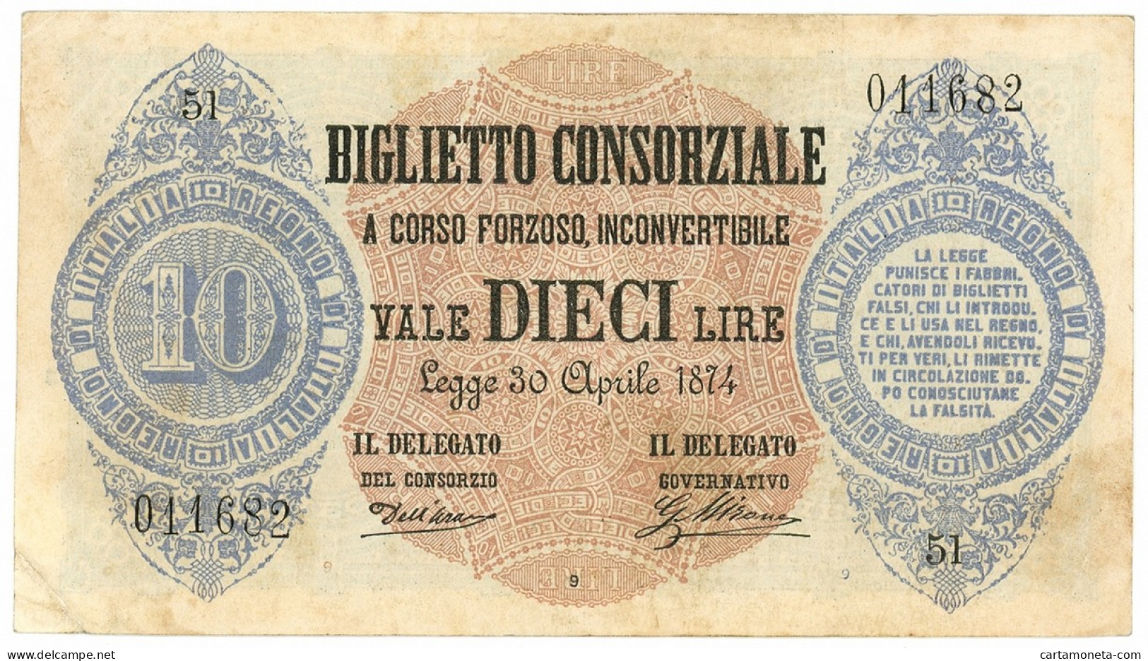 10 LIRE BIGLIETTO CONSORZIALE REGNO D'ITALIA 30/04/1874 BB/SPL - Biglietto Consorziale