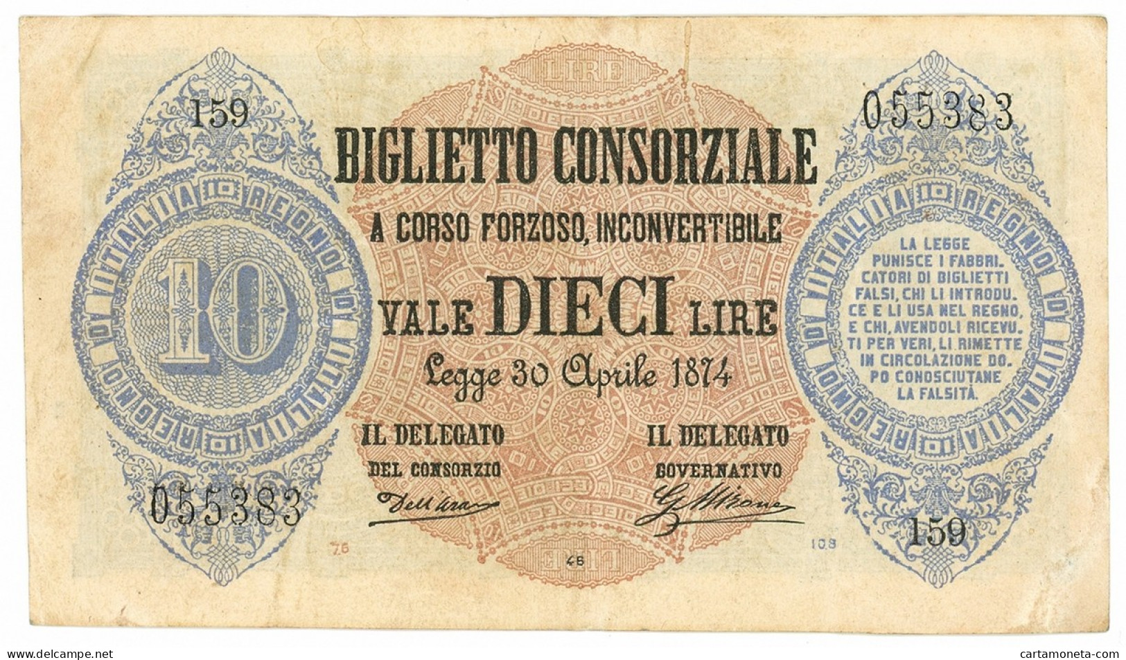 10 LIRE BIGLIETTO CONSORZIALE REGNO D'ITALIA 30/04/1874 BB/SPL - Biglietti Consorziale