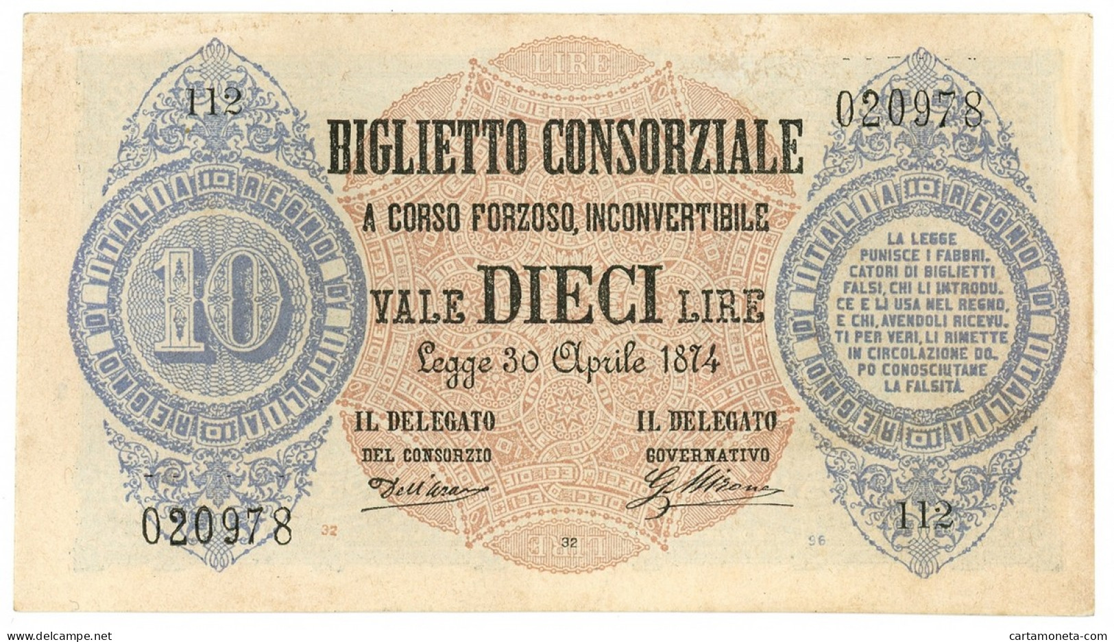 10 LIRE BIGLIETTO CONSORZIALE REGNO D'ITALIA 30/04/1874 SUP- - Biglietti Consorziale