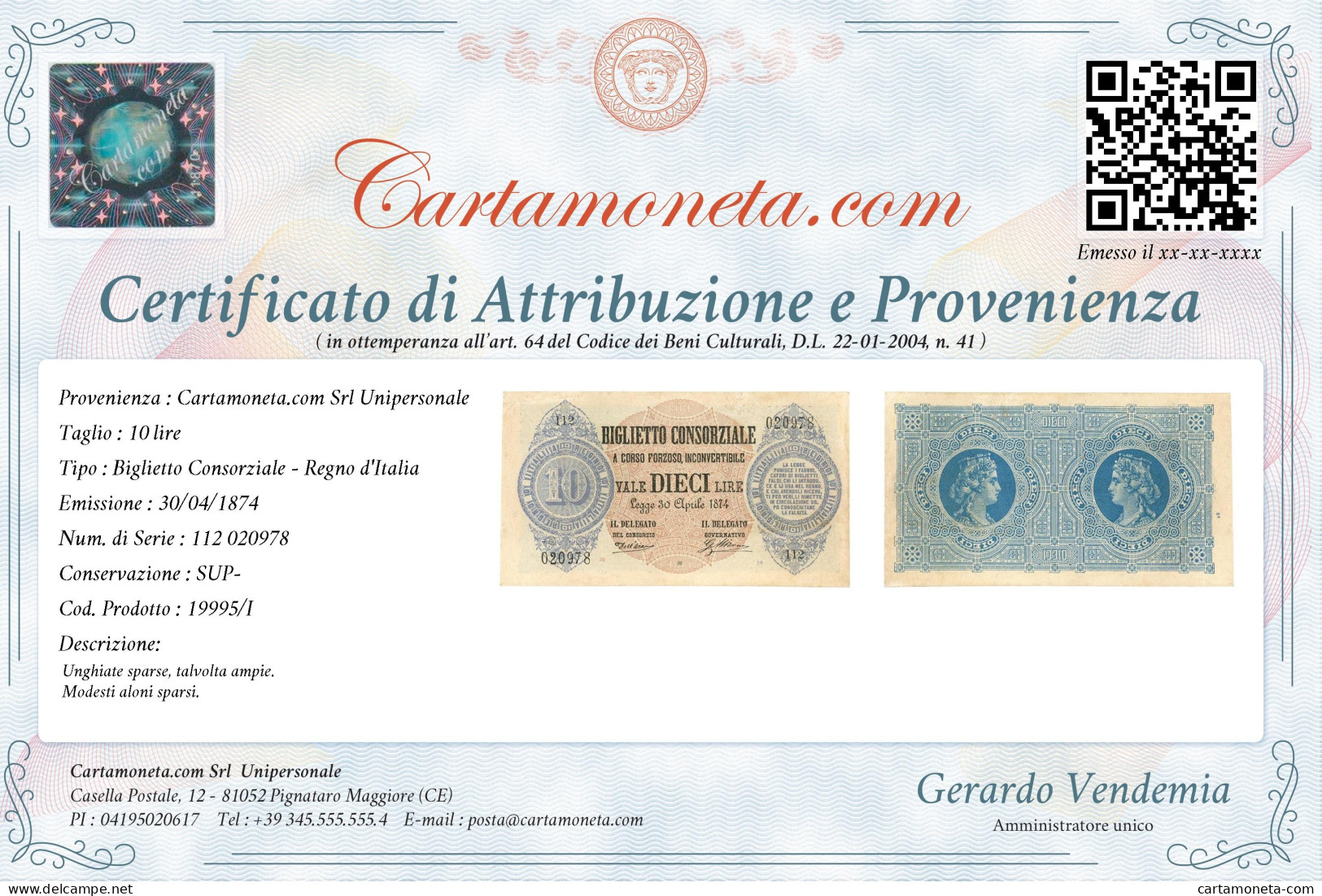 10 LIRE BIGLIETTO CONSORZIALE REGNO D'ITALIA 30/04/1874 SUP- - Biglietti Consorziale