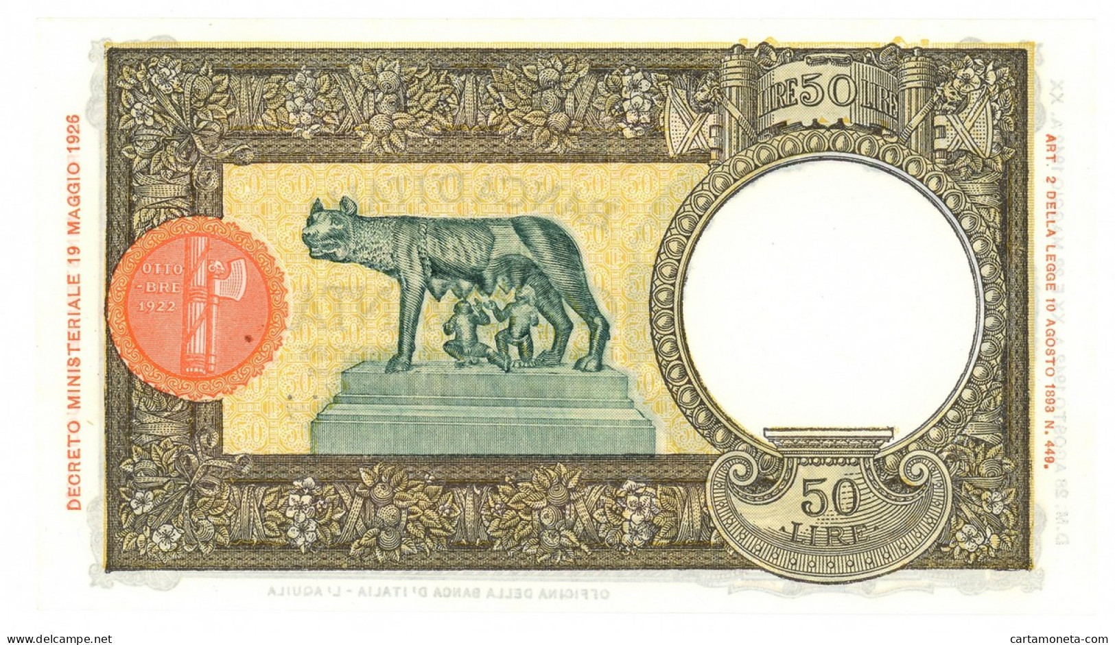 50 LIRE CAPRANESI LUPA CAPITOLINA M. STRETTO FASCIO L'AQUILA 28/08/1942 FDS-/FDS - Andere