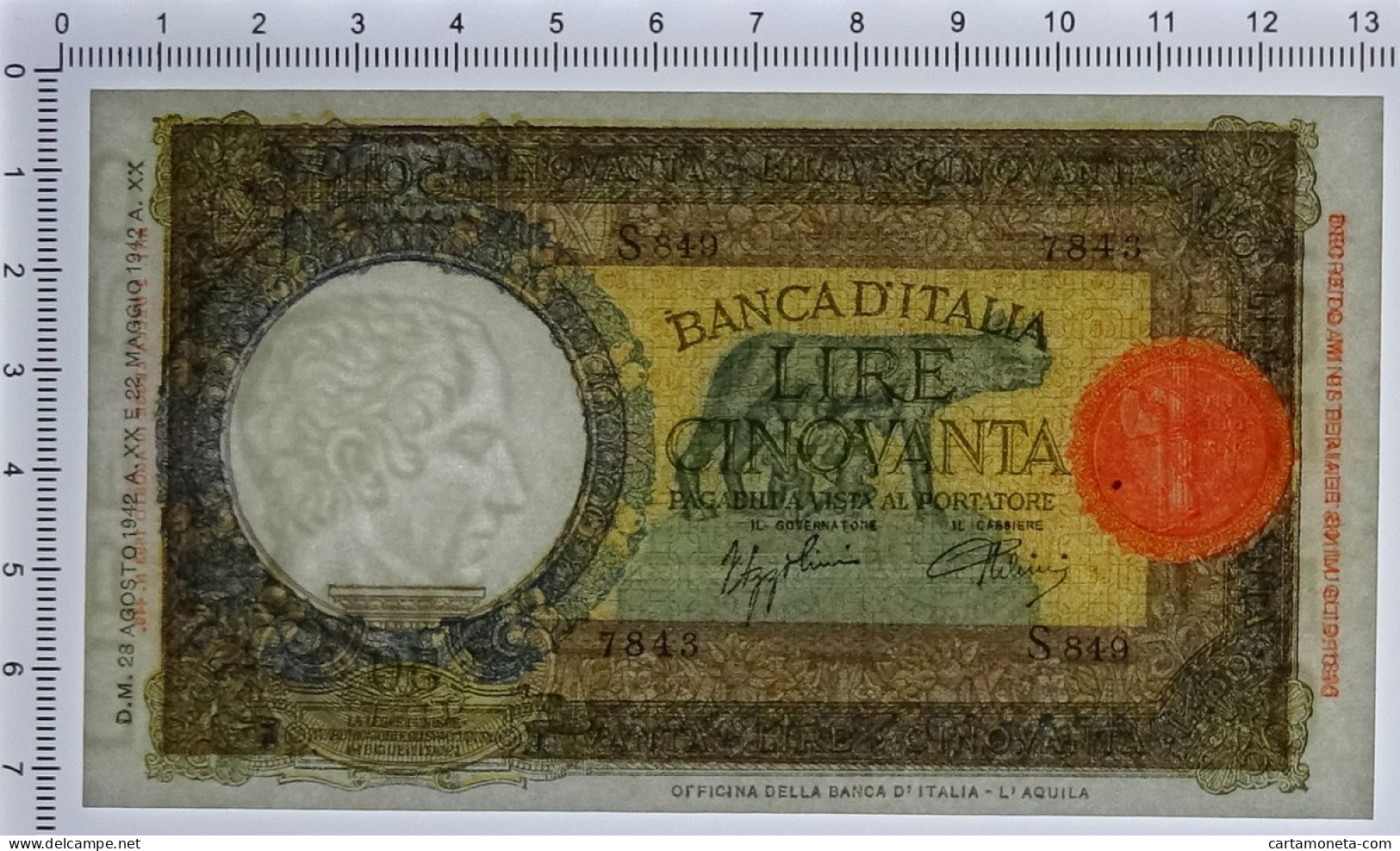 50 LIRE CAPRANESI LUPA CAPITOLINA M. STRETTO FASCIO L'AQUILA 28/08/1942 FDS-/FDS - Regno D'Italia - Altri