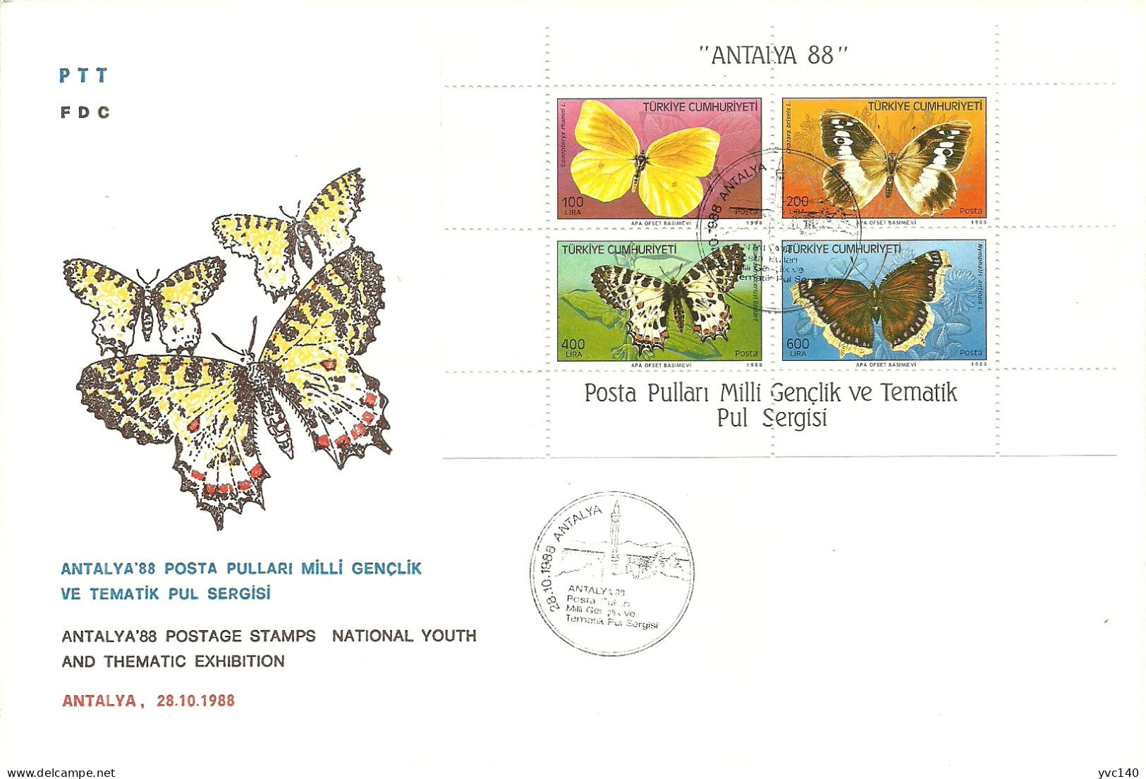 Turkey; FDC 1988 Philatelic Exhibition "Antalya 88", Butterflies - FDC