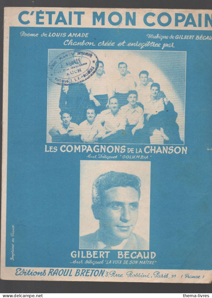 Partition GILBERT BECAUD LAS COMPAGNONS DE LA CHANSON  C'était Mon Copain  1953  ( CAT 7010) - Chant Soliste