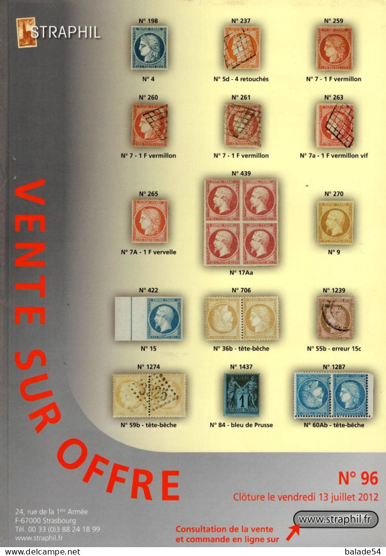 MARCOPHILIE POSTAL STRAPHIL 96 ème  VENTE SUR OFFRES Clôture Vendredi 13 Juillet 2012 - Cataloghi Di Case D'aste