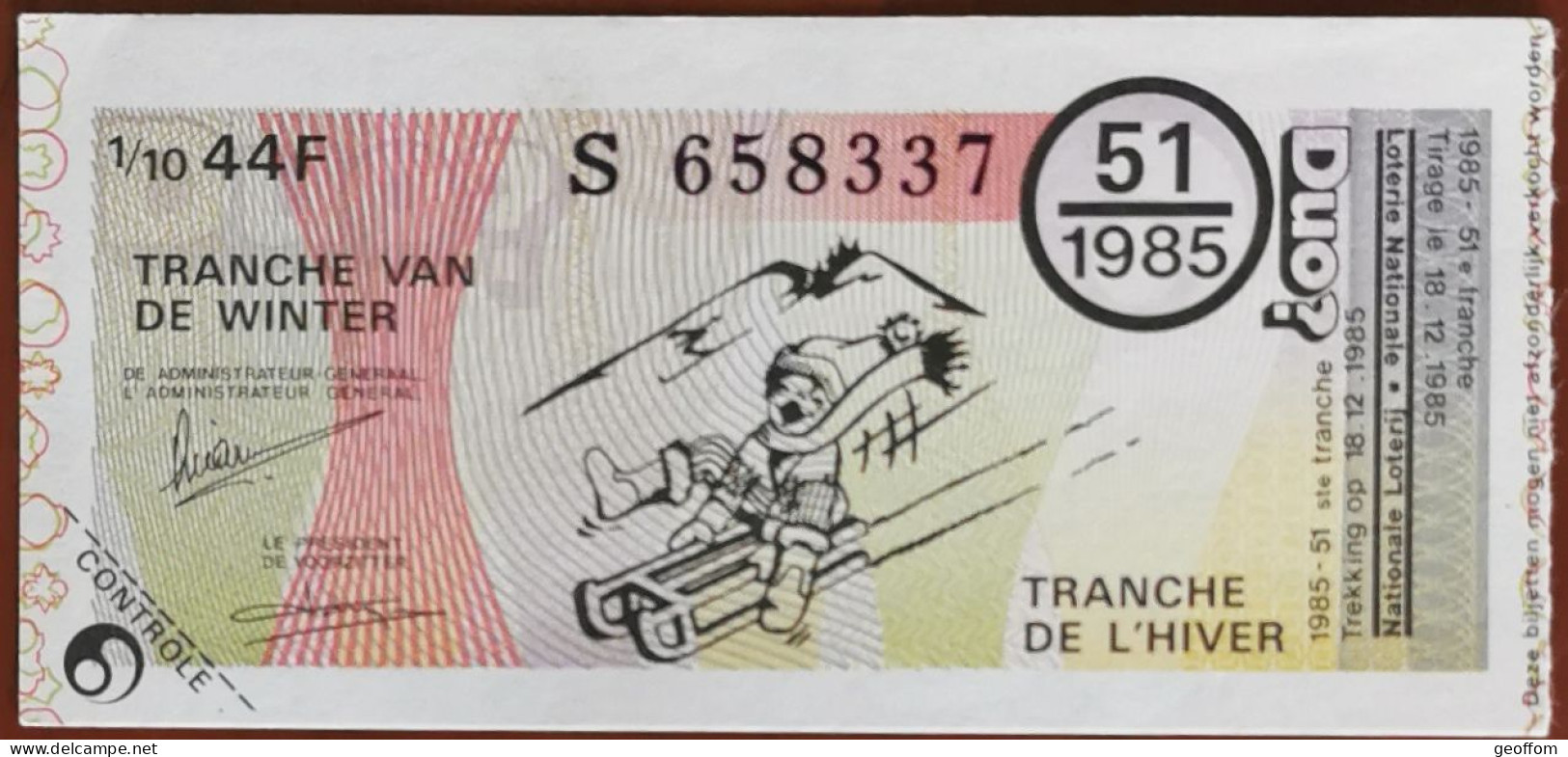 Billet De Loterie Nationale Belgique 1985 51e Tranche De L'Hiver - 18-12-1985 - Biglietti Della Lotteria