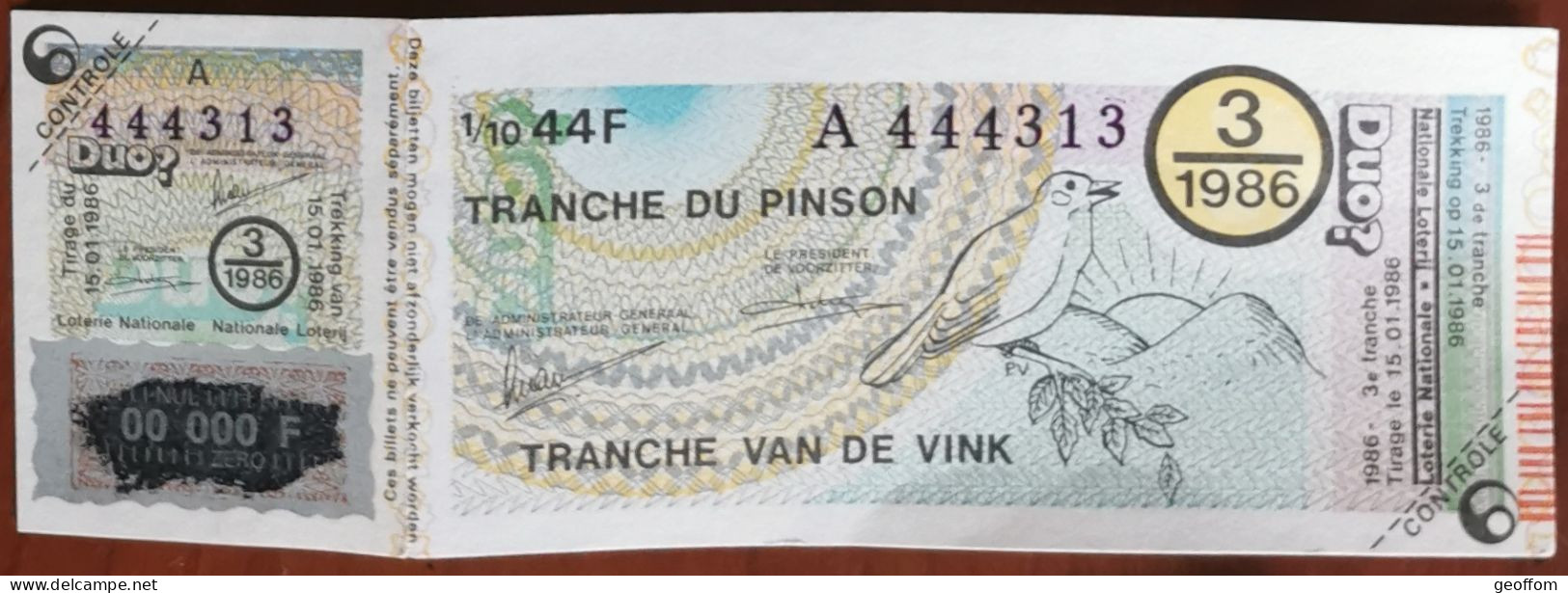 Billet De Loterie Nationale Belgique 1986 3e Tranche Du Pinson - 15-1-1986 - Billetes De Lotería