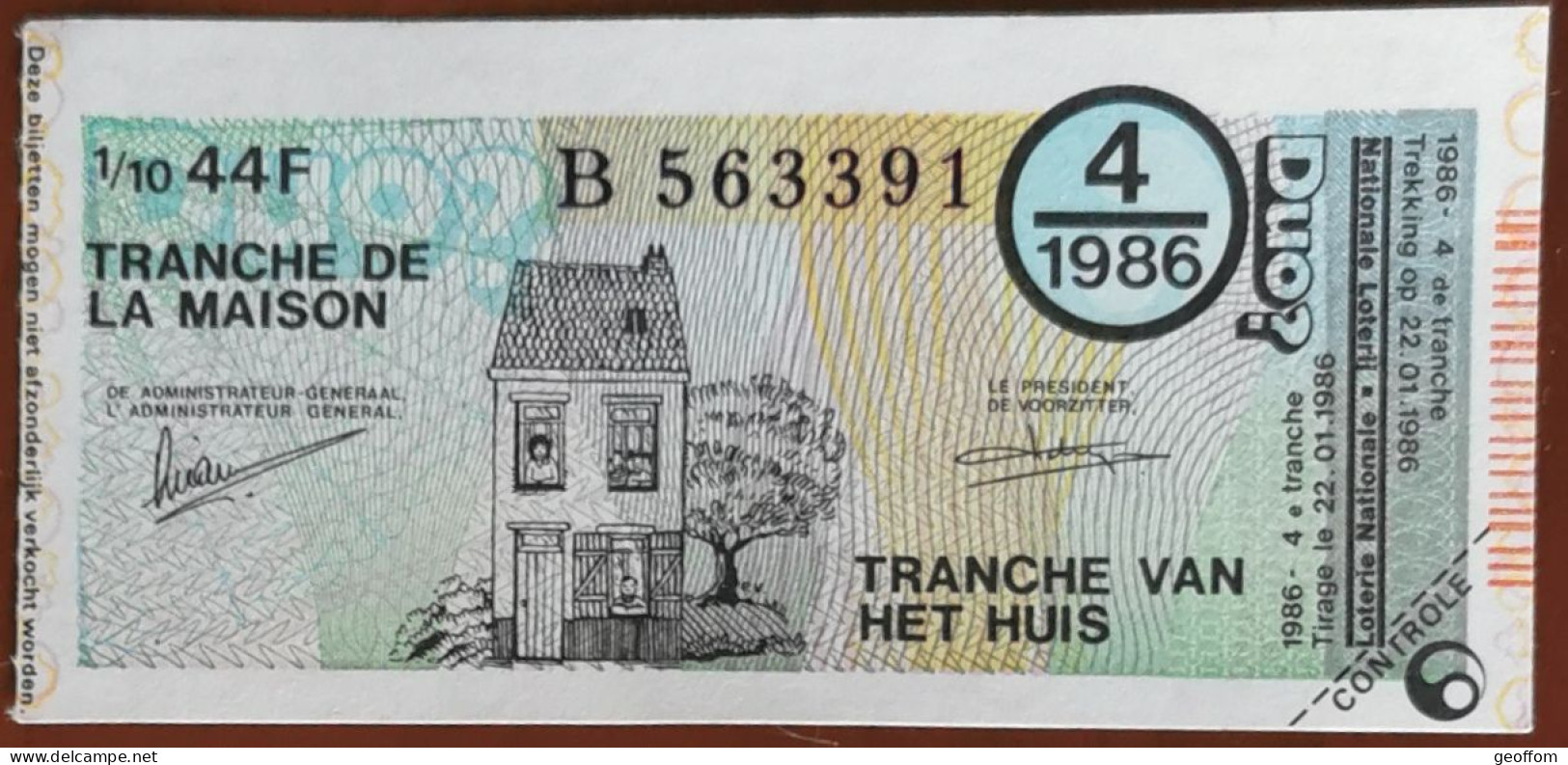 Billet De Loterie Nationale Belgique 1986 4e Tranche De La Maison - 22-1-1986 - Biglietti Della Lotteria