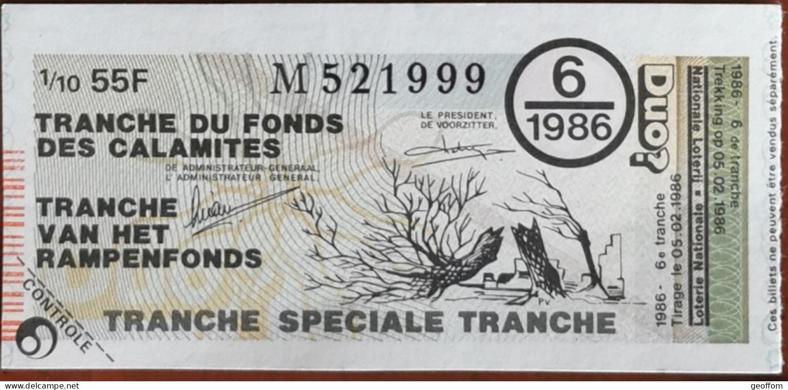Billet De Loterie Nationale Belgique 1986 6e Tranche Du Fond Des Calamites - 5-2-1986 - Billetes De Lotería