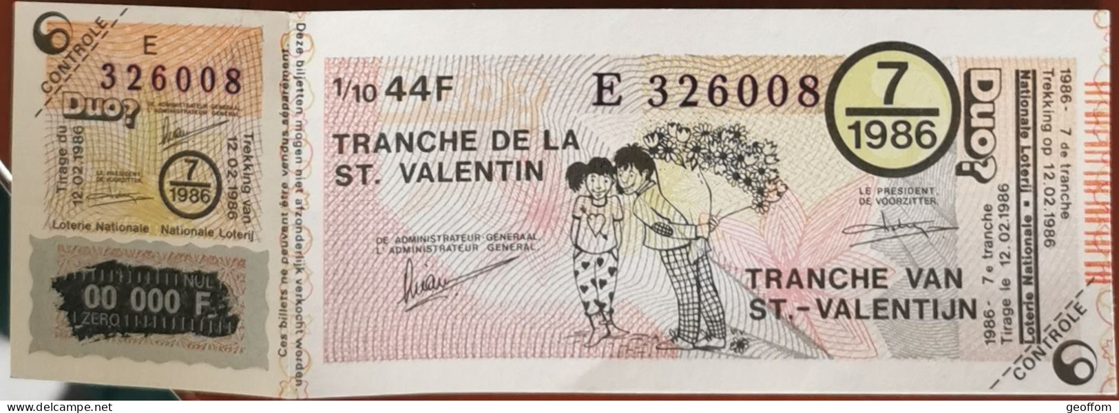 Billet De Loterie Nationale Belgique 1986 7e Tranche De La Saint Valentin - 12-2-1986 - Biglietti Della Lotteria