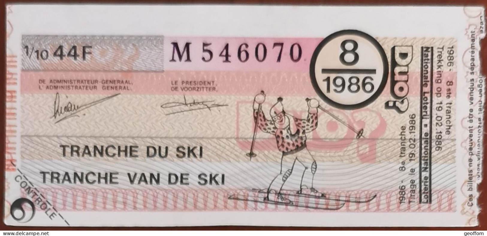 Billet De Loterie Nationale Belgique 1986 8e Tranche Du Ski - 19-2-1986 - Billetes De Lotería