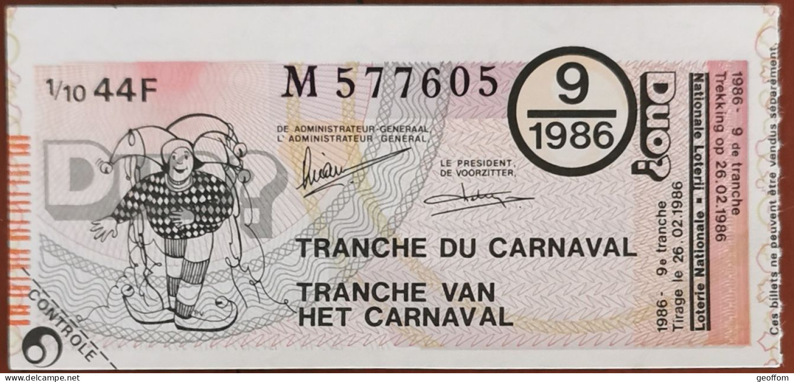 Billet De Loterie Nationale Belgique 1986 9e Tranche Du Carnaval - 26-2-1986 - Billetes De Lotería