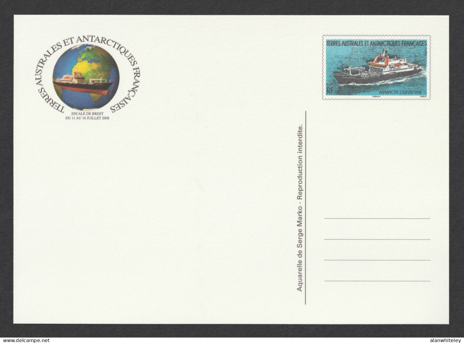 TAAF 2008 Marion Dufresne : Pre-Paid Postcard MINT/UNUSED - Postal Stationery