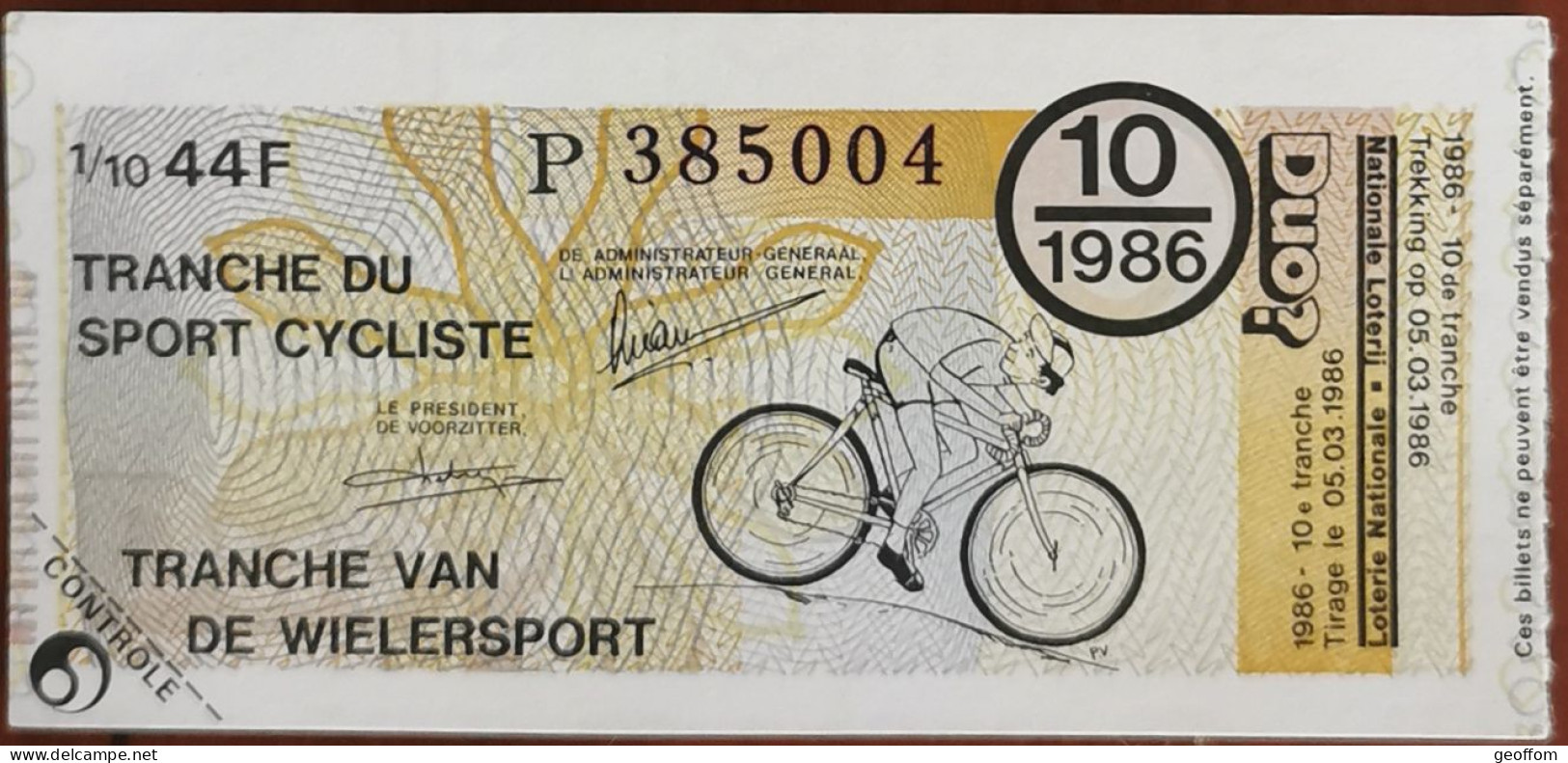 Billet De Loterie Nationale Belgique 1986 10e Tranche Du Sport Cycliste - 5-3-1986 - Biglietti Della Lotteria