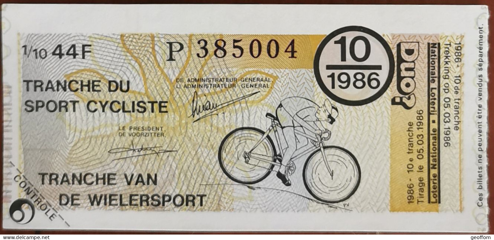 Billet De Loterie Nationale Belgique 1986 10e Tranche Du Sport Cycliste - 5-3-1986 - Billetes De Lotería