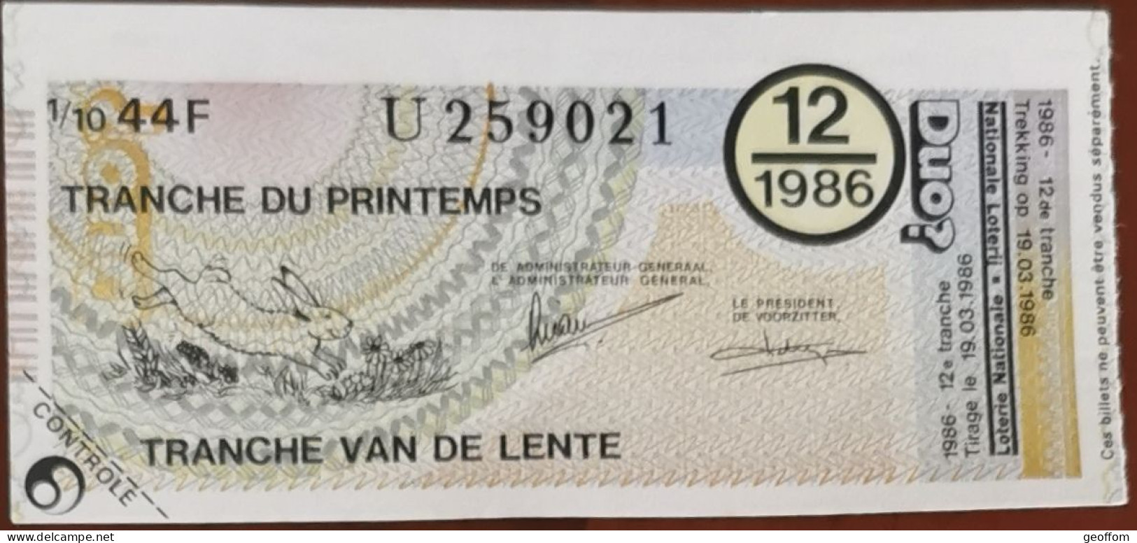 Billet De Loterie Nationale Belgique 1986 12e Tranche Du Printemps - 19-3-1986 - Billetes De Lotería