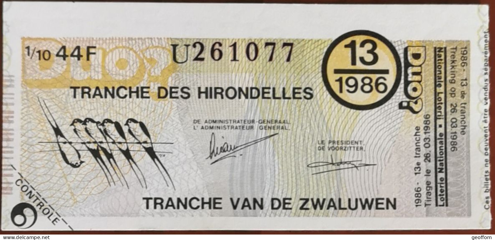 Billet De Loterie Nationale Belgique 1986 13e Tranche Des Hirondelles - 26-3-1986 - Biglietti Della Lotteria