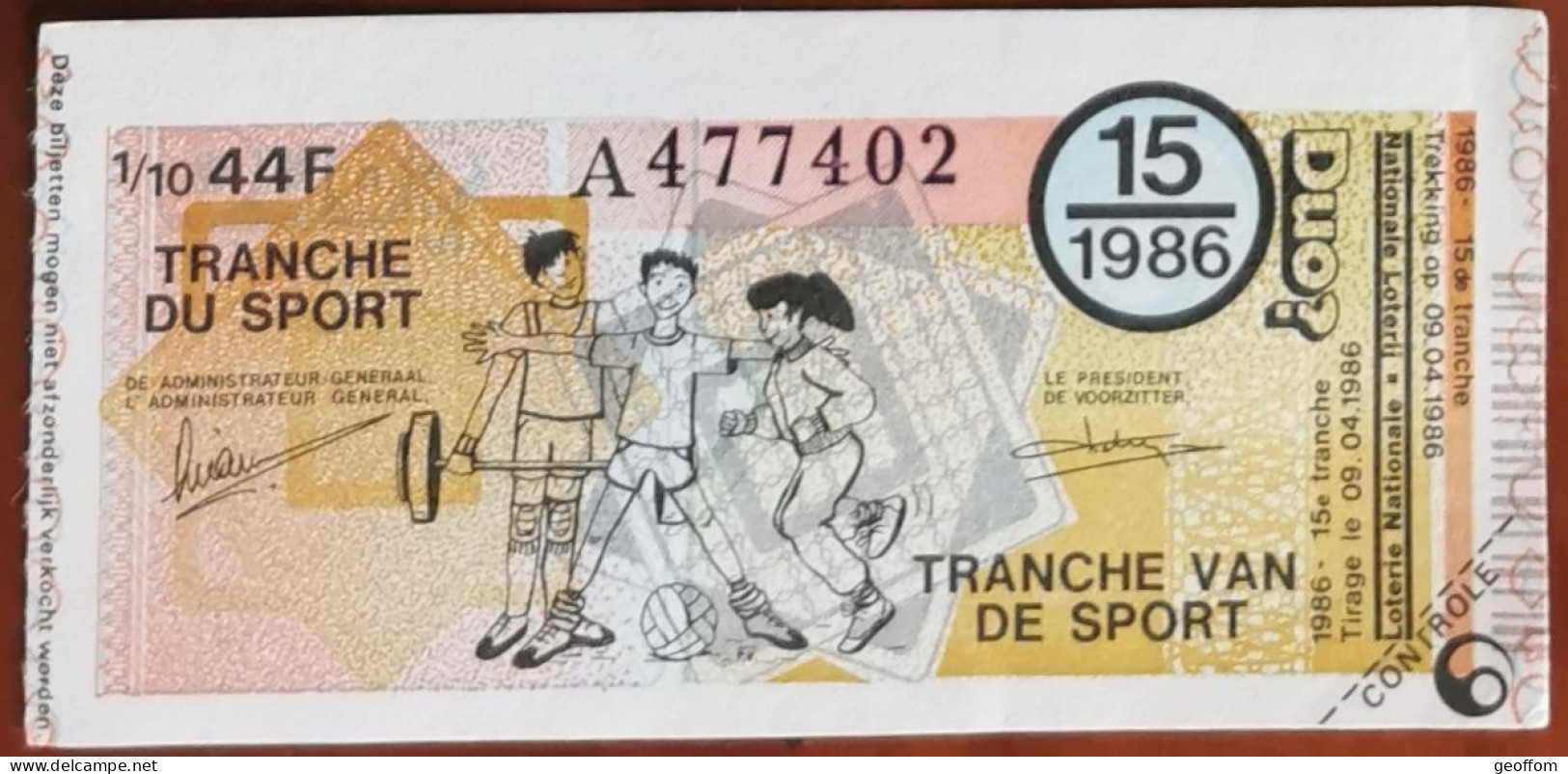 Billet De Loterie Nationale Belgique 1986 15e Tranche Du Sport - 9-4-1986 - Billetes De Lotería