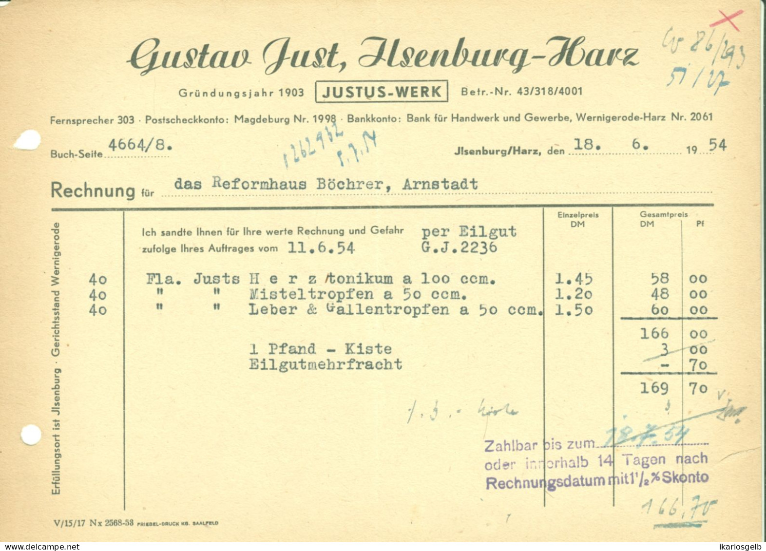 ILSENBURG Harz DDR 1954 Rechnung " JUSTUS-Werk Gustav Just Arzneimittelfabrik " - Drogisterij & Parfum