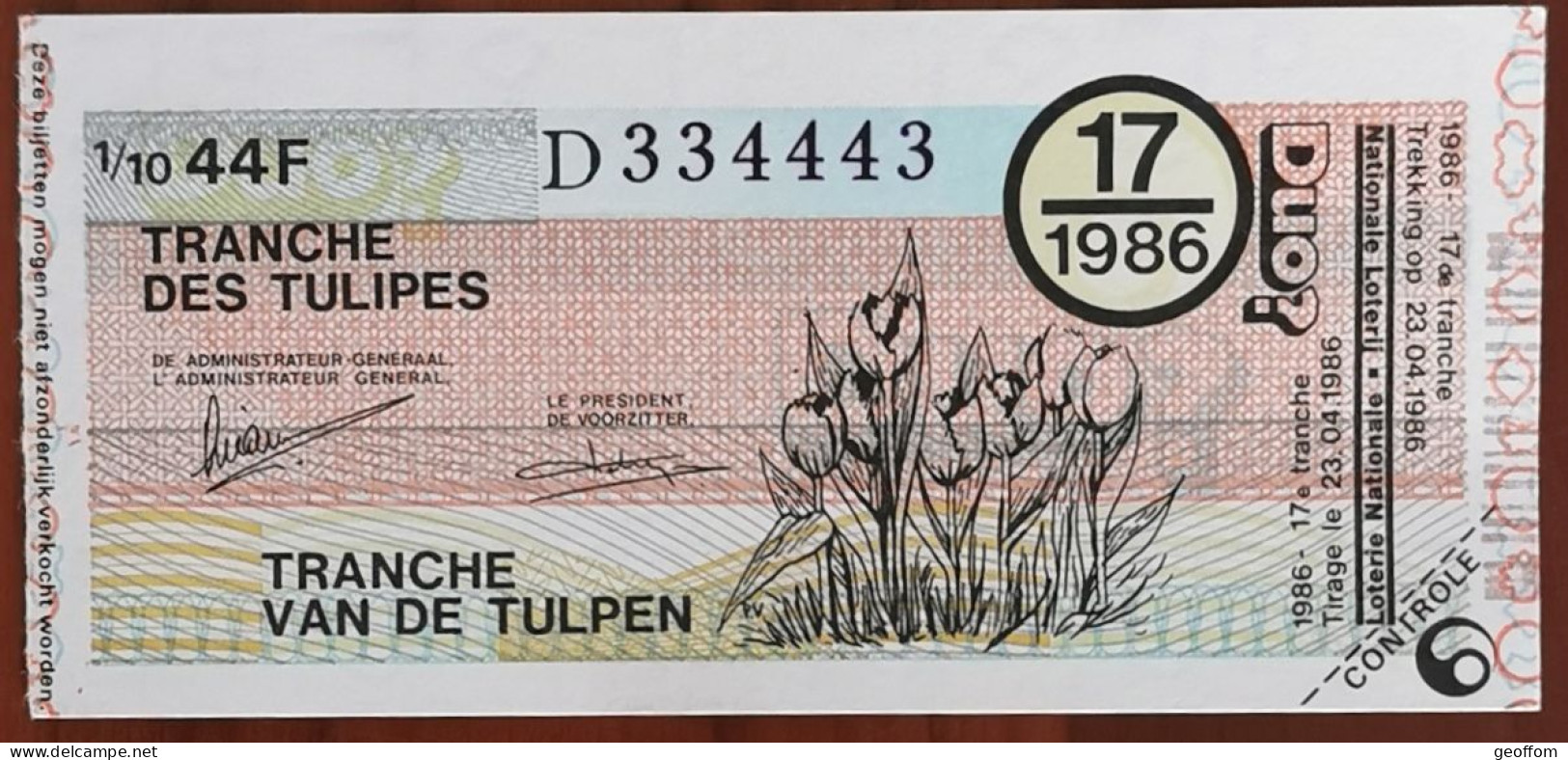 Billet De Loterie Nationale Belgique 1986 17e Tranche Des Tulipes - 23-4-1986 - Billetes De Lotería