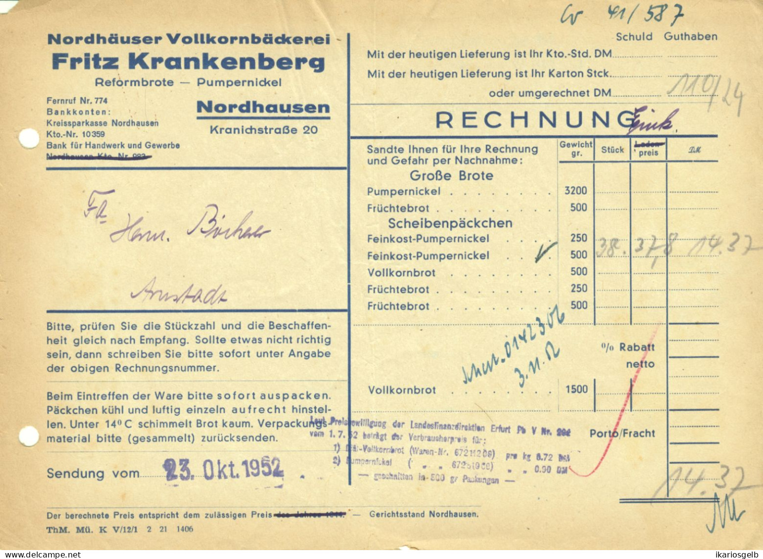 NORDHAUSEN DDR 1952 Rechnung " Fritz Krankenberg Reformbrote Pumpernickel Vollkornbäckerei " - Food
