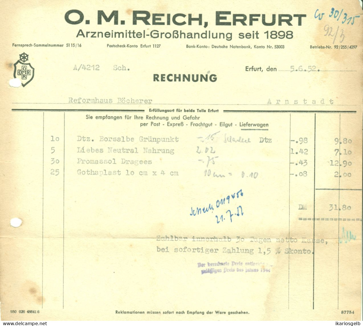 ERFURT DDR 1952 Rechnung " O.M. Reich Arzneimittel-Großhandlung Seit 1898 " - Droguerie & Parfumerie