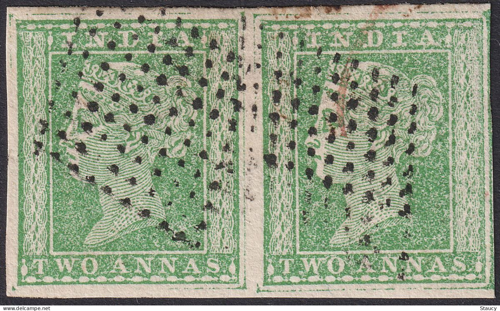 British India 1854 QV 2a Two Anna Green Litho / Typograph "Horizontal Pair Of 2 Stamps" With 4 Margins Fine Used - 1854 Britische Indien-Kompanie