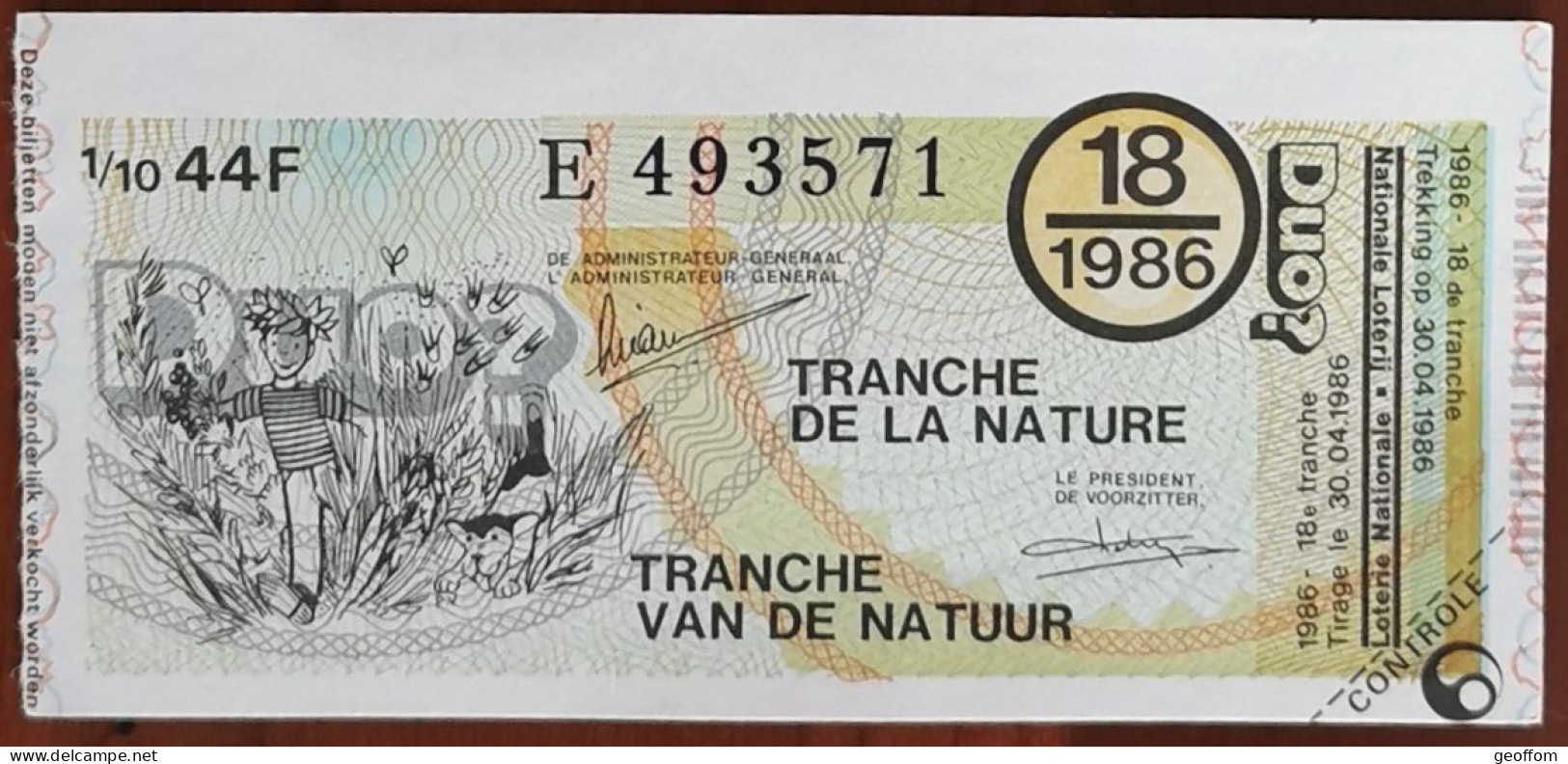 Billet De Loterie Nationale Belgique 1986 18e Tranche De La Nature - 30-4-1986 - Billetes De Lotería