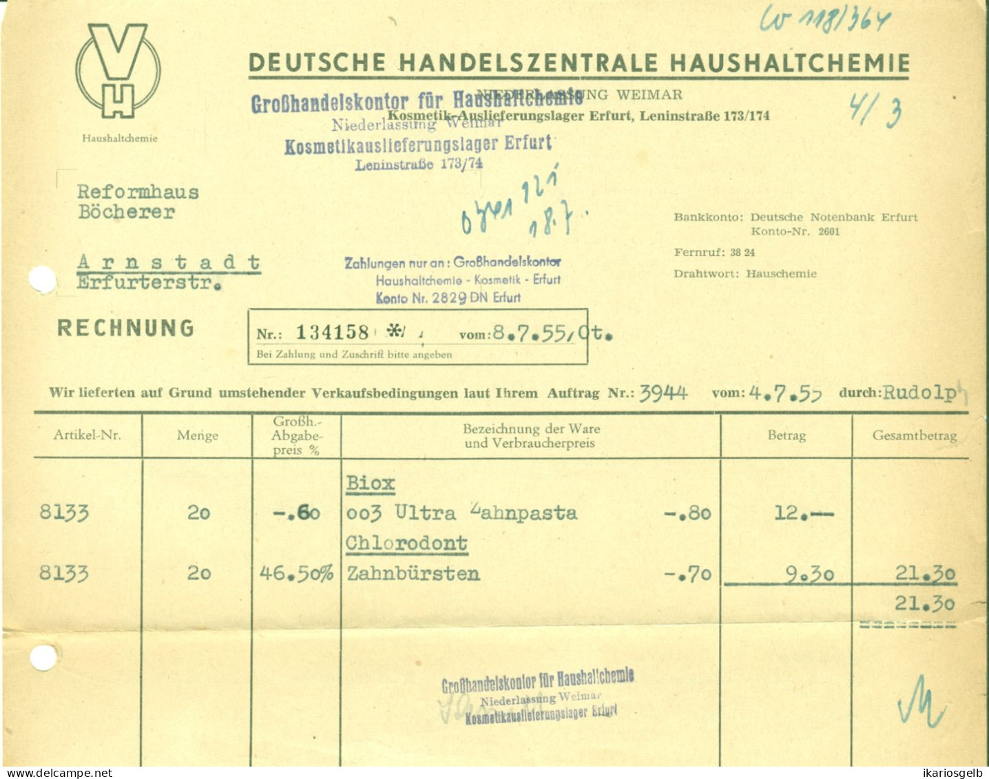 WEIMAR DDR 1955 Rechnung " Deutsche Handelszentrale Haushaltchemie Kosmetik Pp " Lager Erfurt - Perfumería & Droguería