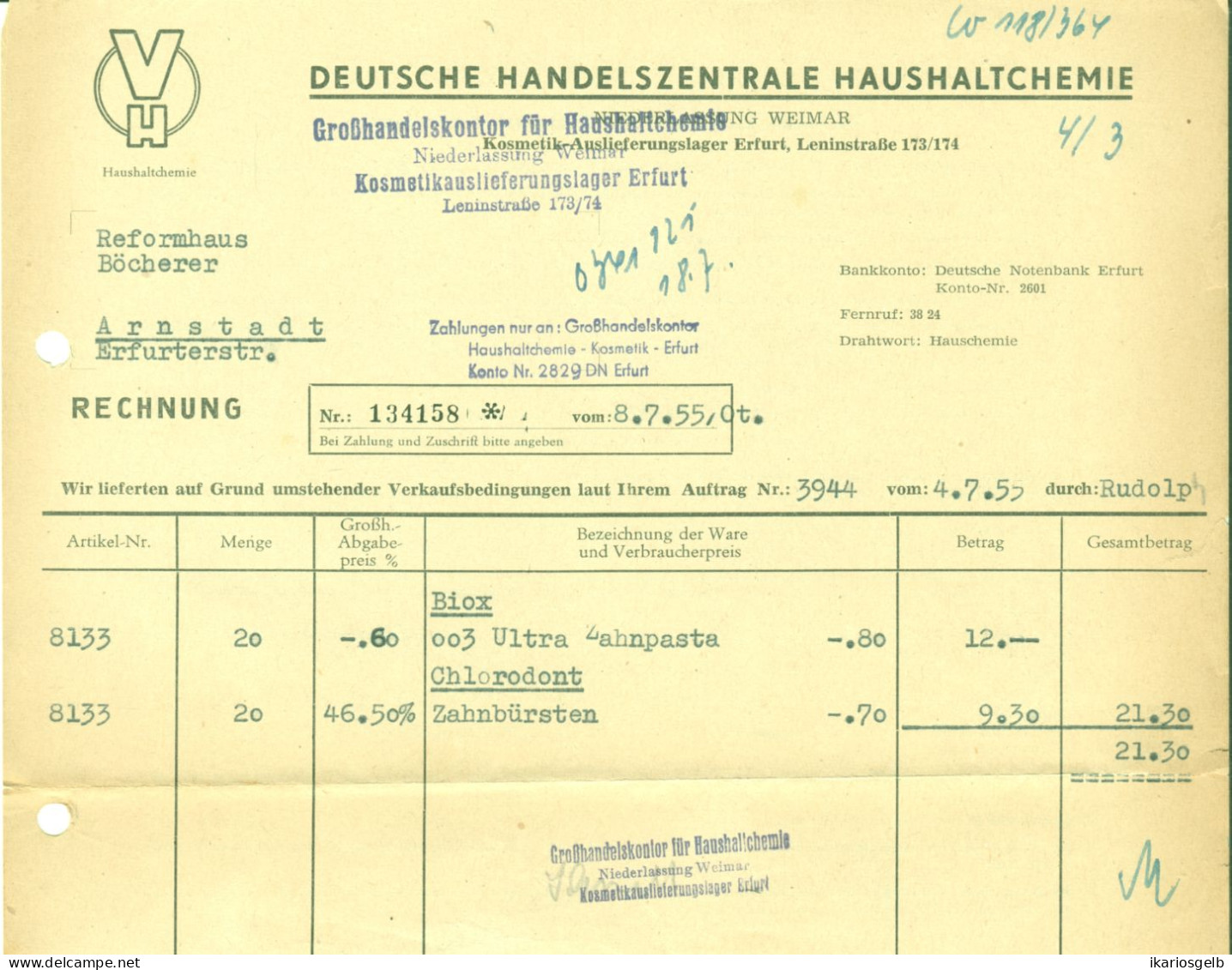 WEIMAR DDR 1955 Rechnung " Deutsche Handelszentrale Haushaltchemie Kosmetik Pp " Lager Erfurt - Profumeria & Drogheria