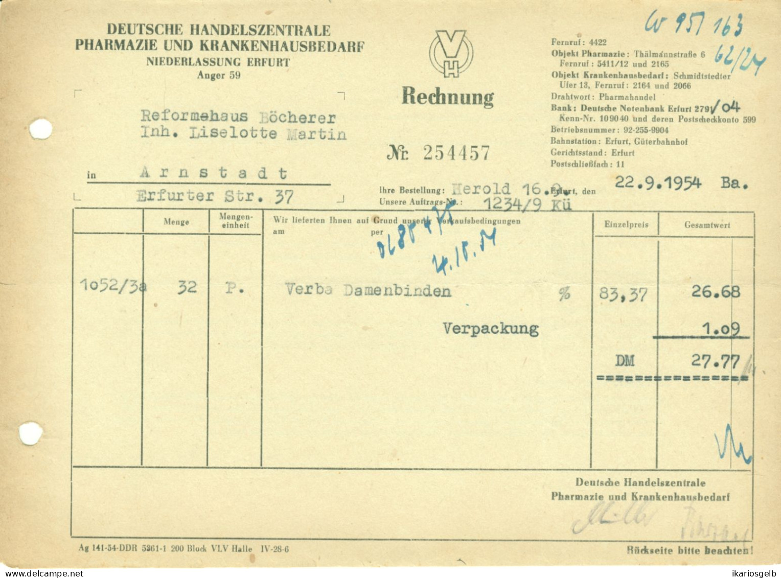 ERFURT DDR 1954 Rechnung " Deutsche Handelszentrale Pharmazie  & Krankenhausbedarf " - Drogerie & Parfümerie