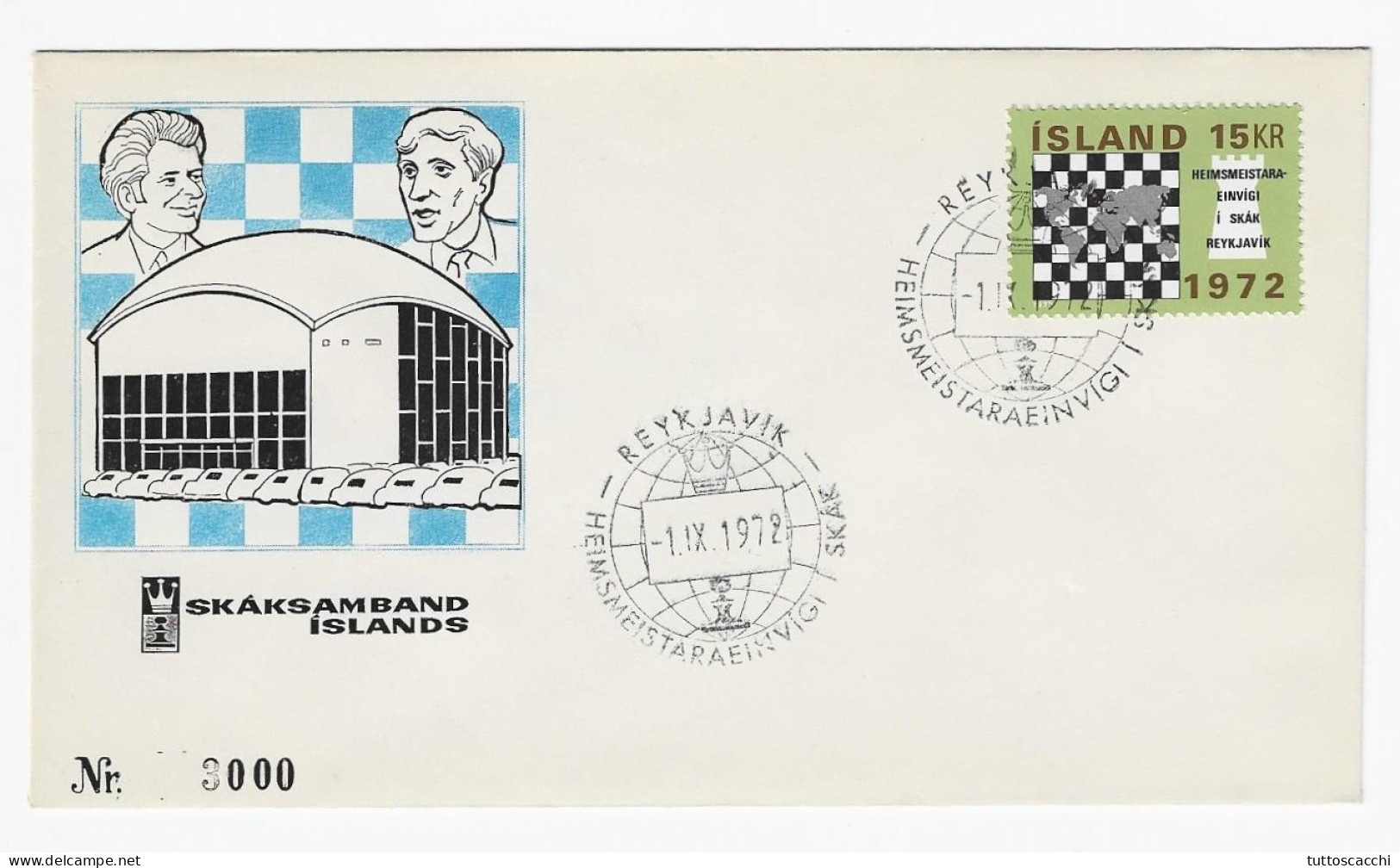 CHESS FDC Iceland 1972 Match Fischer-Spassky - Venue Of Match Blue - Chess