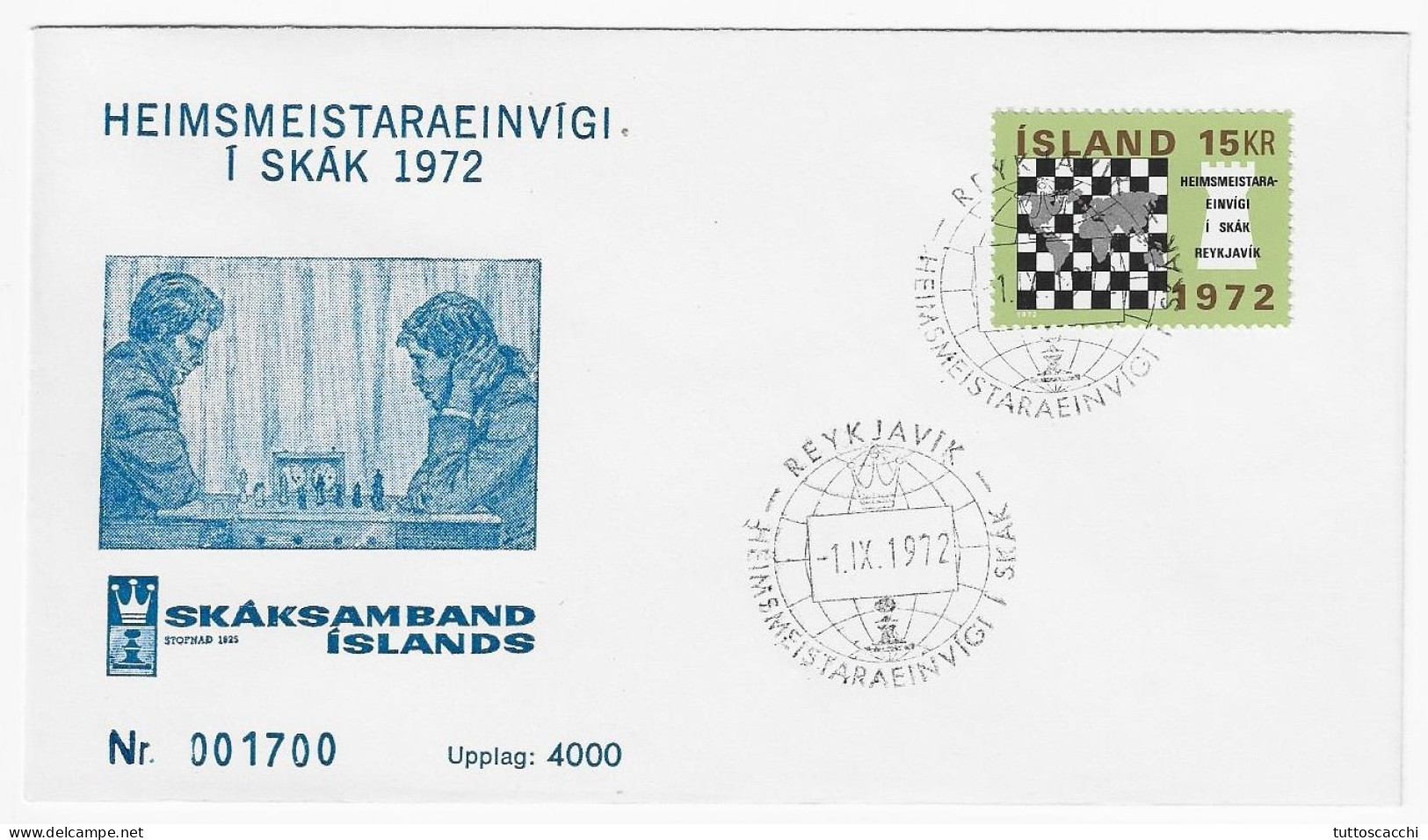CHESS FDC Iceland 1972 Match Fischer-Spassky - Blue Design Of Game - Chess